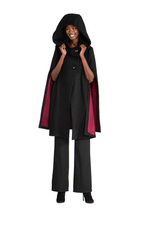 Cashmere Cape with both Leather and Cashmere Belts Product Details 	•	!00% Finest Cashmere 	•	Lined in Silk  	•	Trim Leather and Swarovski Crystal Buttons 	•	Available in Black, Charcoal, Navy and Dark Vicuna 	•	Production takes approximately 4 weeks